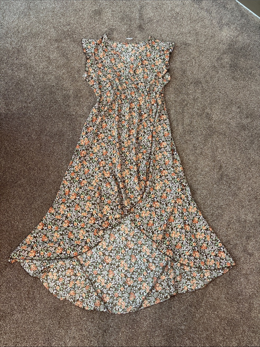 Flutter-Sleeve Floral Maxi Dress in Orange, Brown & White